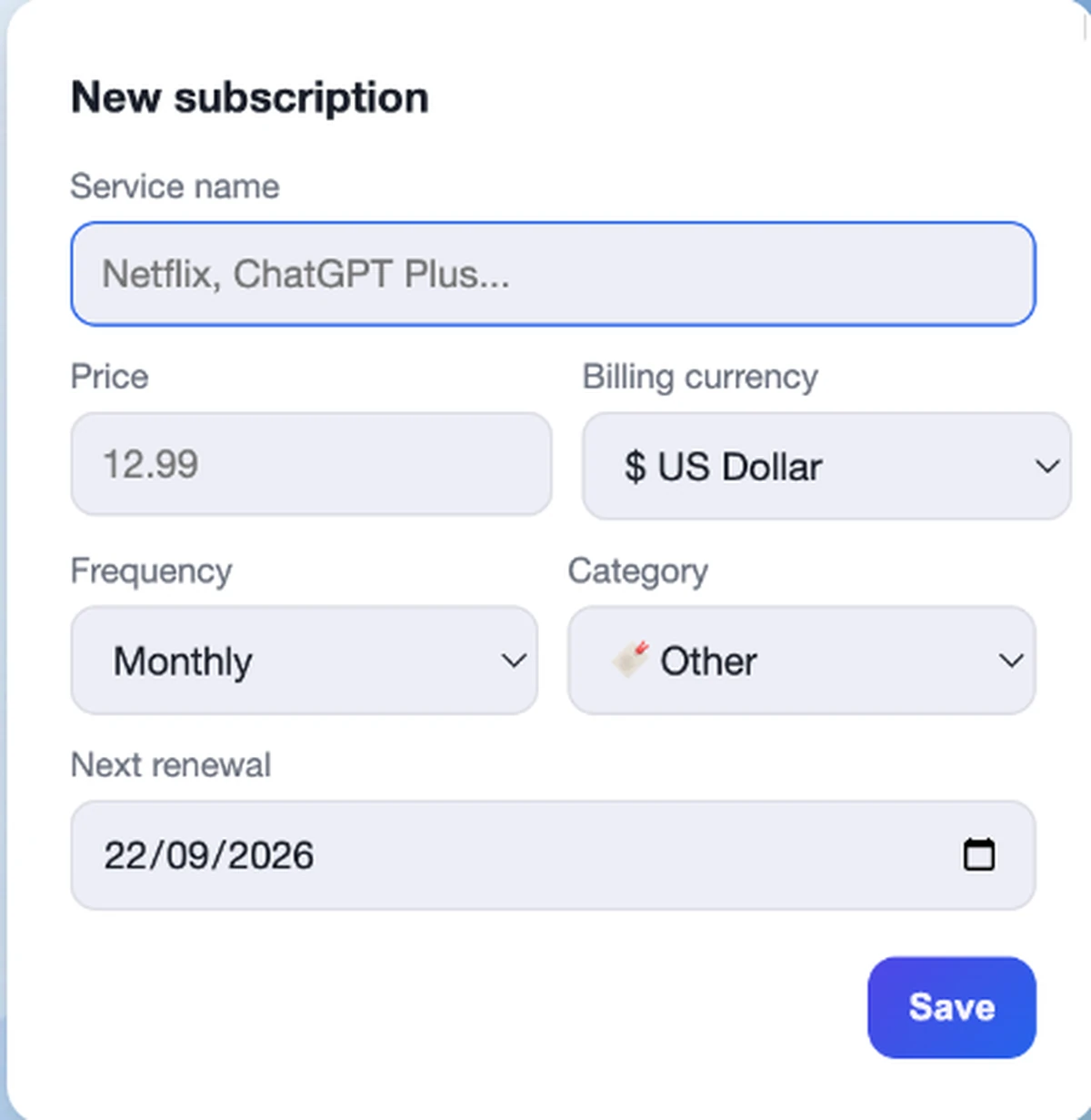 Formulario para añadir una nueva suscripción en SubPulse, con precio, moneda, categoría y fecha de renovación
